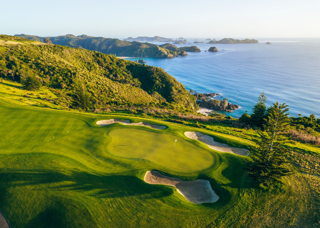 Aerial view of Kauri Cliffs golf course overlooking the Pacific
