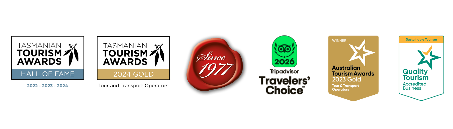 Tasmanian Tourism Awards Hall of Fame, Tasmanian Tourism Awards 2024 Gold, operating since 1977, Tripadvisor Travellers' Choice 2026, Australian Tourism Awards 2023 Gold, and Quality Tourism Accredited Business